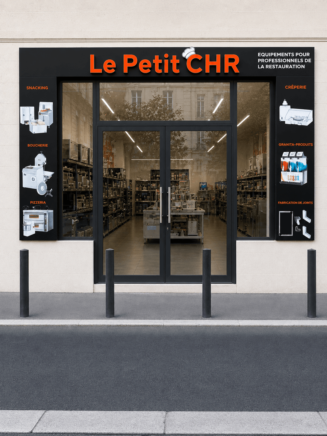 Winkelpui Le Petit CHR — professionele HORECA-uitrusting (snacking, slagerij, pizzeria, crêperie, granita, rvs-afdichtingen)